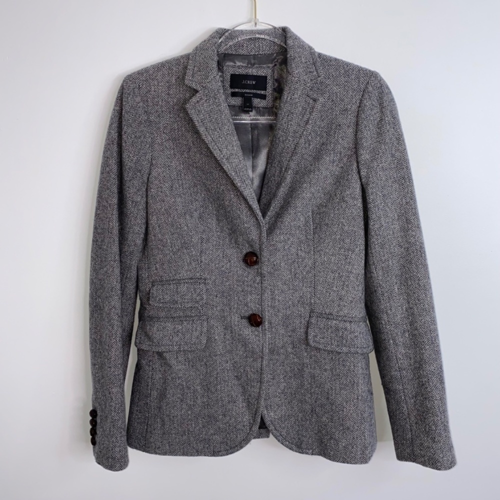 J. CREW Women's Jacket 100% Wool Blazer Jacket in Gray Herringbone Size 4 Tall
